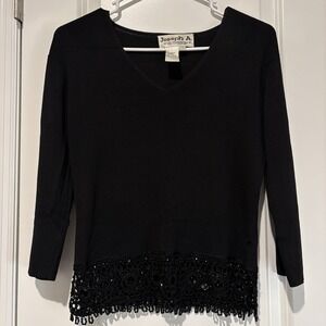 Joseph A‎ Long Sleeve Viscose Top Womens Small Shirt Black Beaded Trim on Bottom